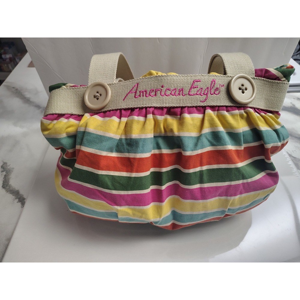 American Eagle Canvas Tote Bag Multi Color Striped Boho Shoulder Bag Pink Yellow
